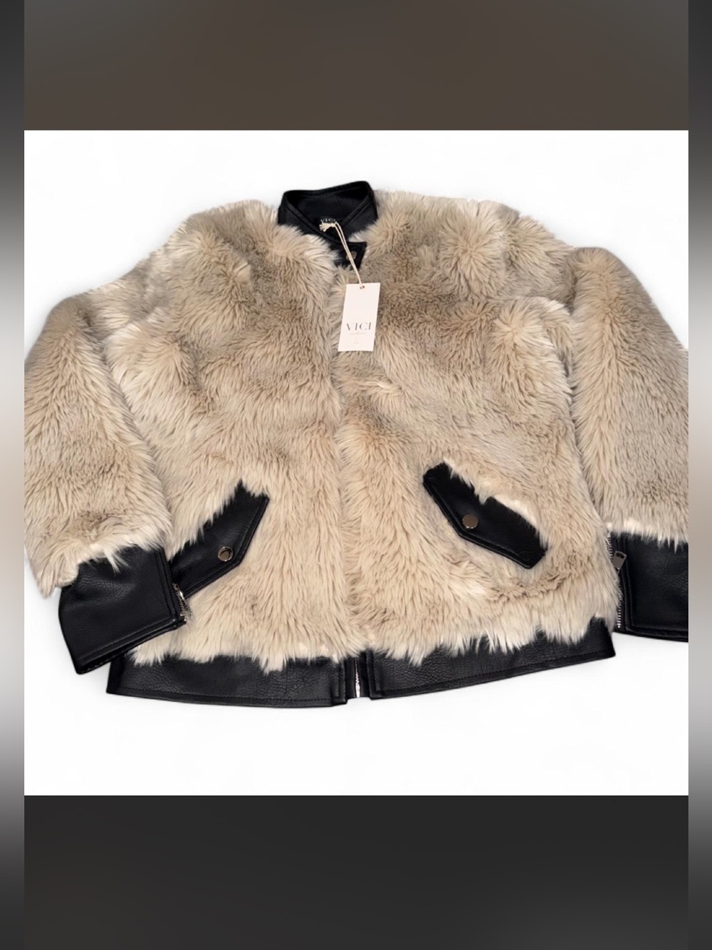 VICI Beige Faux Fur Bomber Jacket with Black Trim